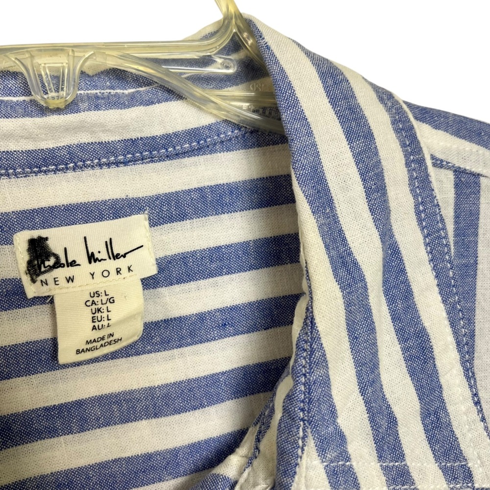 Nicole Miller‎ NY Blue White Stripe Linen Rayon Button Down Shirt  L Nautical - Picture 2 of 5